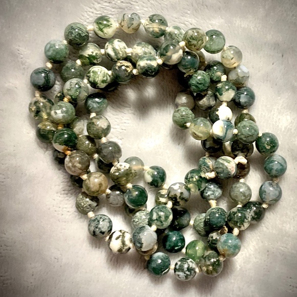 New Necklace Natural Green Moss Agate Beads Smooth Round 36” Lariat 6mm Pull On - Picture 2 of 5